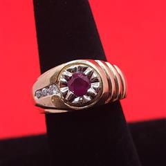 14K YELLOW GOLD ROUND BRILLIANT CUT DIAMOND AND RUBY RING 12.8G SIZE 8